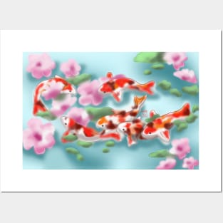 cherry blossoms and koi carp in blue-green water Posters and Art